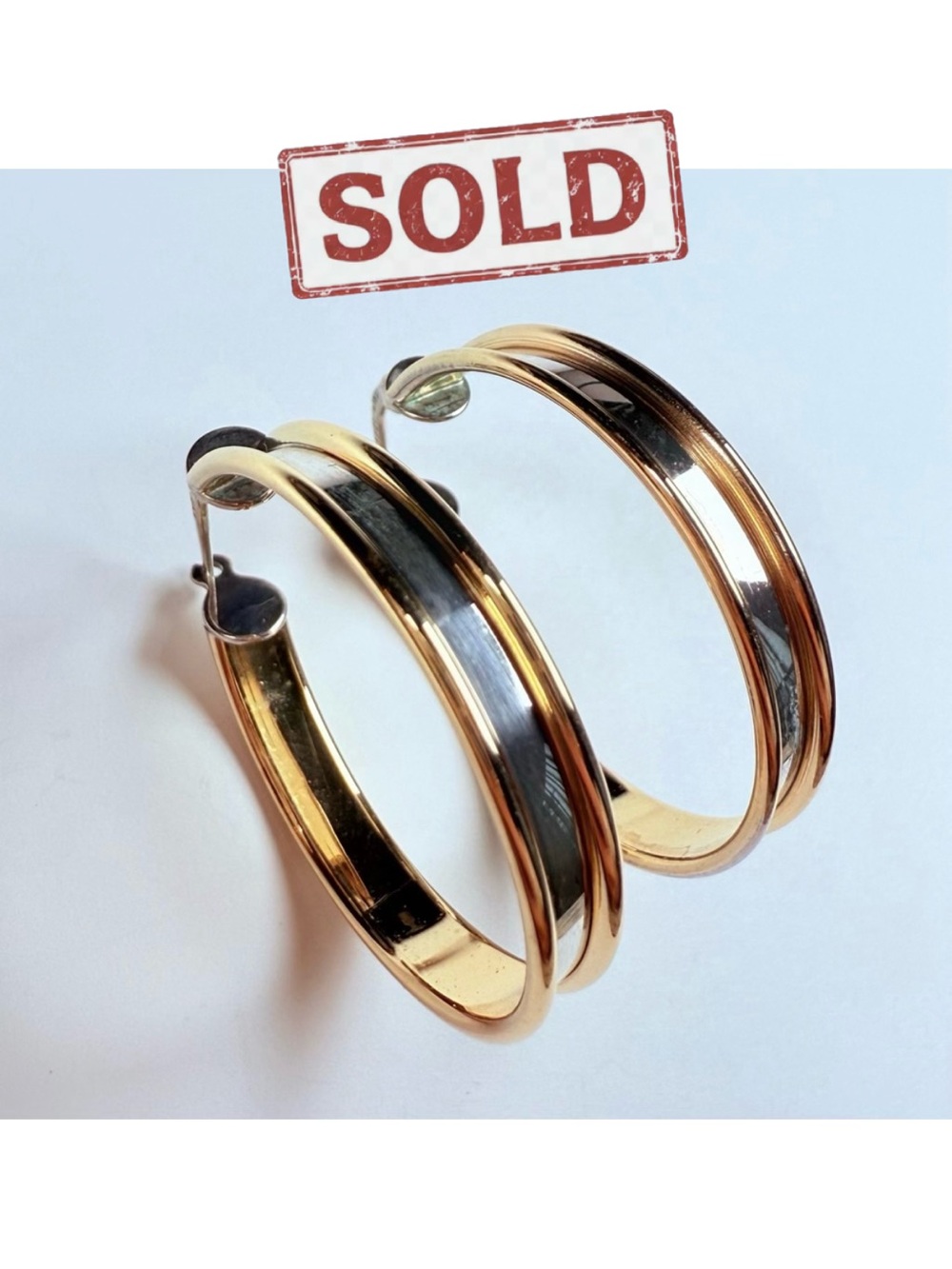 🎉Sold🎉 18K Yellow Gold & 925 Stelring Silver Hoops TwoTone Hoop Vintage Earrings